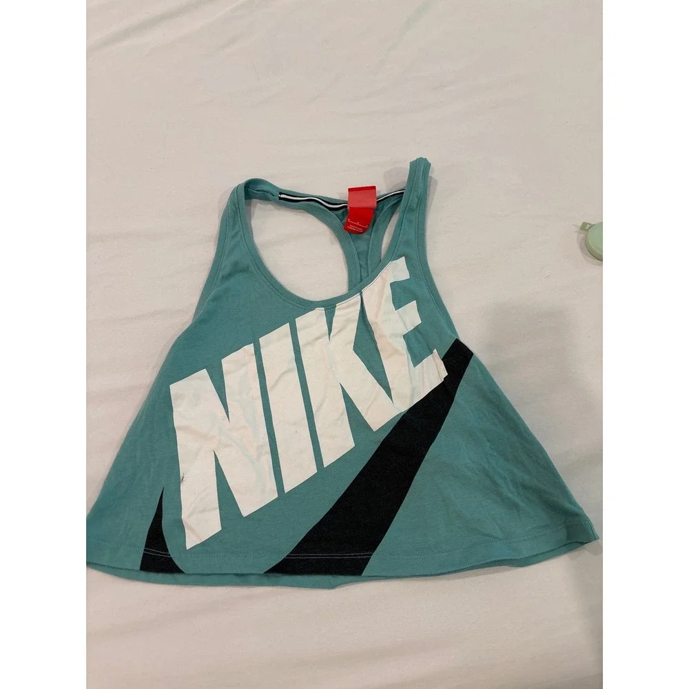 Nike Sportswear Women Teal Green Oversized Logo Racerback Crop Tank Top Medium‎